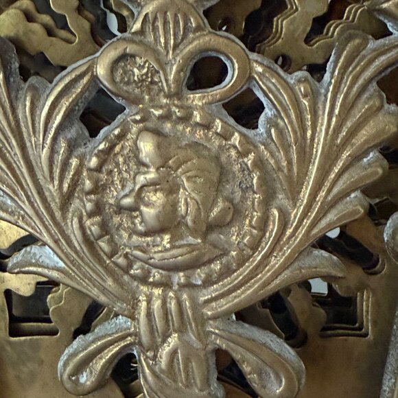 Vintage Brass Peacock Fireplace Screen Folding Fan Cameo Design Small Victorian - Picture 5 of 9